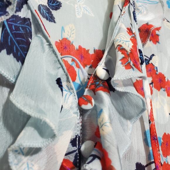 Zara | Floral Tie Ruffle Neck Bell Flare Sleeve Semi-Sheer Blouse - flaw - Picture 7 of 8